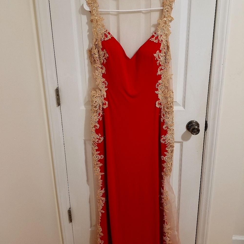 Beyond - division of jovani red and gold dress